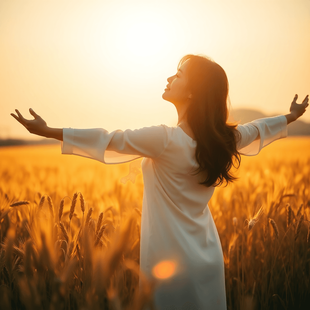 女性が広大な麦畑で太陽に向かって両手を広げている写真